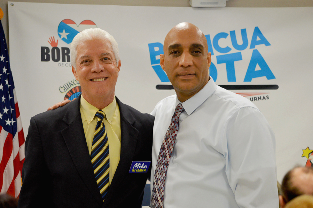 Member of the Residential Habilitation Association conversating with Mike Suarez one of the Mayoral Candidates for the city of Tampa